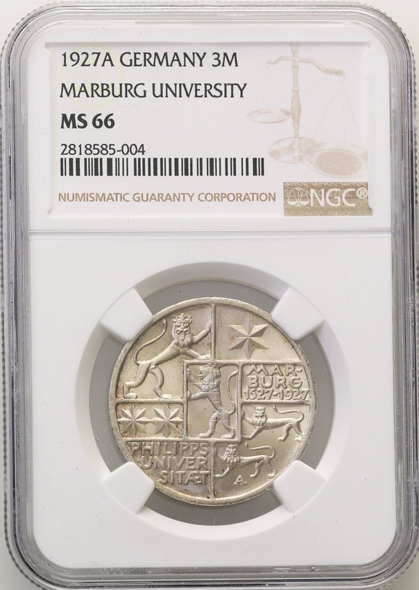 Niemcy. Weimar, 3 marki 1927 A, Uniwersytet Marburg NGC MS66